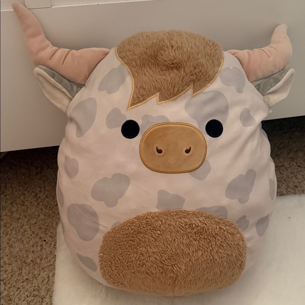 Cute white and brown 16 inch Squishmallow cow with horns